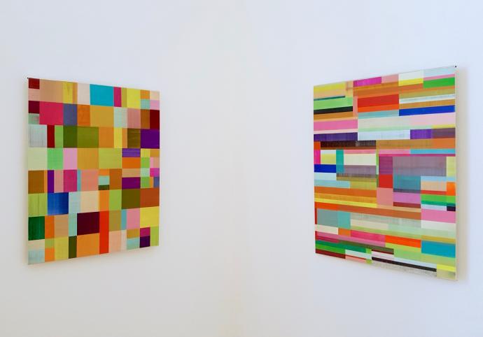 Bim Koehler, K/AL - 46.07 und 48.14, 2014 bzw. 2016, Pigmente und Mattfirnis auf Kreidegrund und Aluminium, Ausstellungsansicht