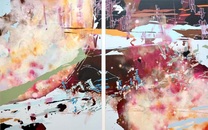 Chika Aruga, hinauf schauen - hinein gehen 18, 2026, Acryl auf Leinwand, 180 x 280 cm (zweiteilig)