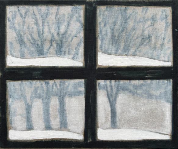Dieter Mammel, Schnee im Fenster, 2025, Tusche und Grundierweiss auf Leinen, 50 x 60 cm