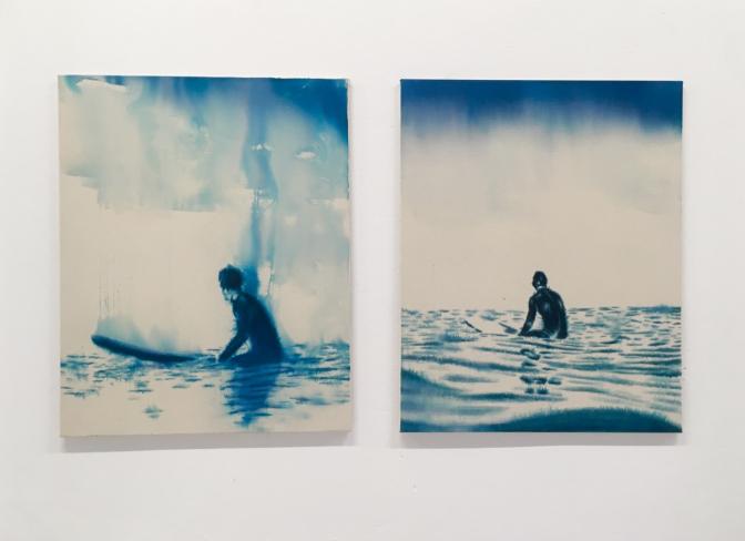 Dieter Mammel, Waiting for the wave I und II, 2022, Tusche auf Leinwand, je 100 x 80 cm