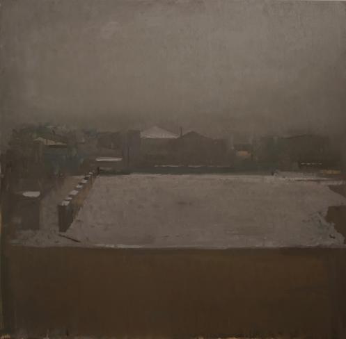 Fernando X. González, Paysage Ville, 2020, Öl auf Holz, 70 x 71 cm