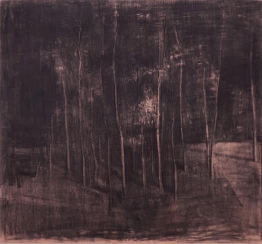 Fernando X. González, Paysage - petit bois, 2023, Kohle auf Holz, 65 x 70,5 cm