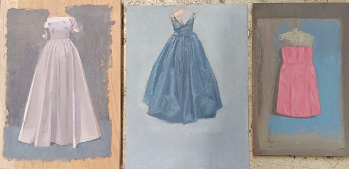 Fernando X. González, robe blanche - bleue - rouge, 2023, Öl auf Holz, verschiedene Formate