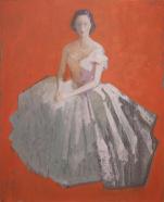 Fernando X. González, Robe blanc sur rouge, 2025, Öl auf Holz, 36,4 x 29,4 cm