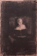 Fernando X. González, Enfant lisant, 2025, Kohle auf Holz, 70 x 46 cm