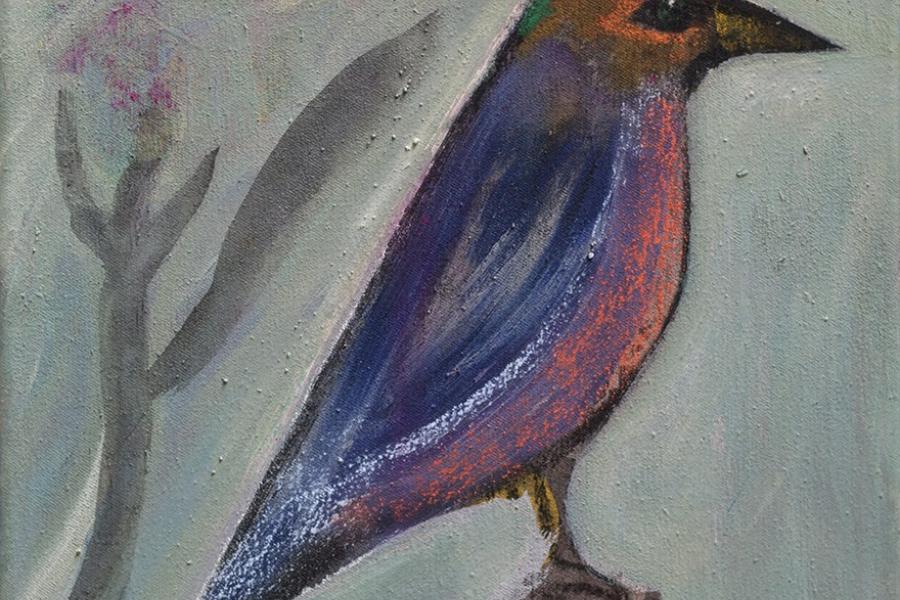 Frank Zucht Vogel mit Bluete 2016 Acryl auf Nessel 35 x 30 cm