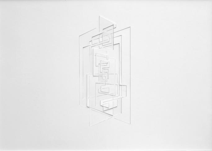 Franz Riedl, Vertikale Schichtung, 2017, Papierrelief, Karton geschnitten, 52 x 72 cm