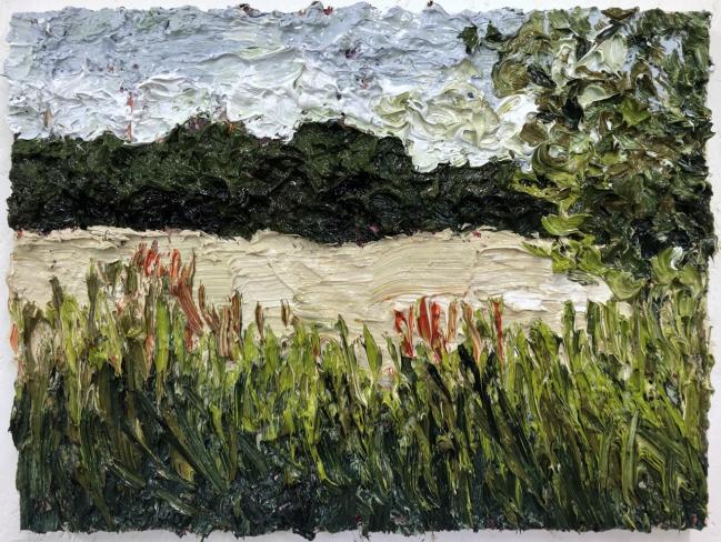 Helmut Helmes, Holzhausen, 2020, Öl auf Malkarton, 30 x 40 cm