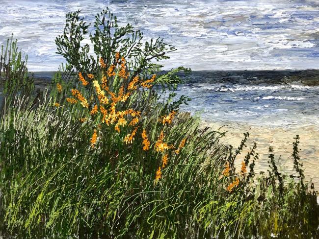 Helmut Helmes, Sanddornküste, 2022, Öl auf Leinwand, 120 x 160 cm