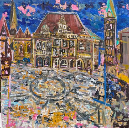 Rron Qena, Marktplatz, 2025, Öl auf Leinwand, 80 x 80 cm