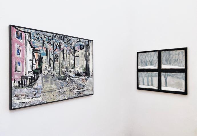 Rron Qena, Straße, 2025, Öl auf Leinwand, 55 x 75 cm, Ausstellungsansicht Galerie Corona Unger (mit Dieter Mammel)