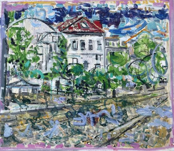 Rron Qena, Street, 2025, Öl auf Leinwand, 62 x 72 cm