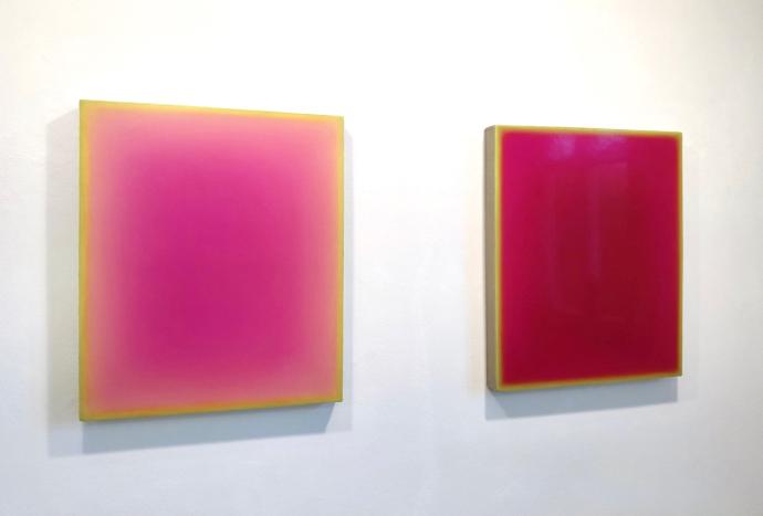 YeunHi Kim, Frühling I und II, 2024, geschliffene Lasuren, Pigmente auf Reispapier auf Holz, 60 x 50 cm, seitlich