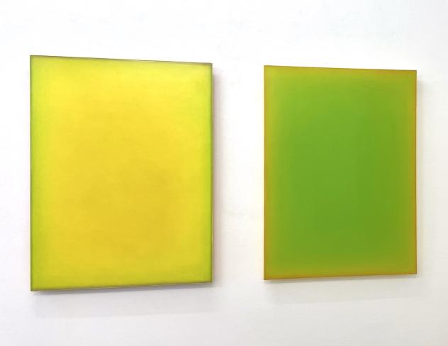 YeunHi Kim, Herbstlicht I und II, geschliffene Lasuren, Pigmente auf Reispapier auf Holz, je 80 x 60 cm