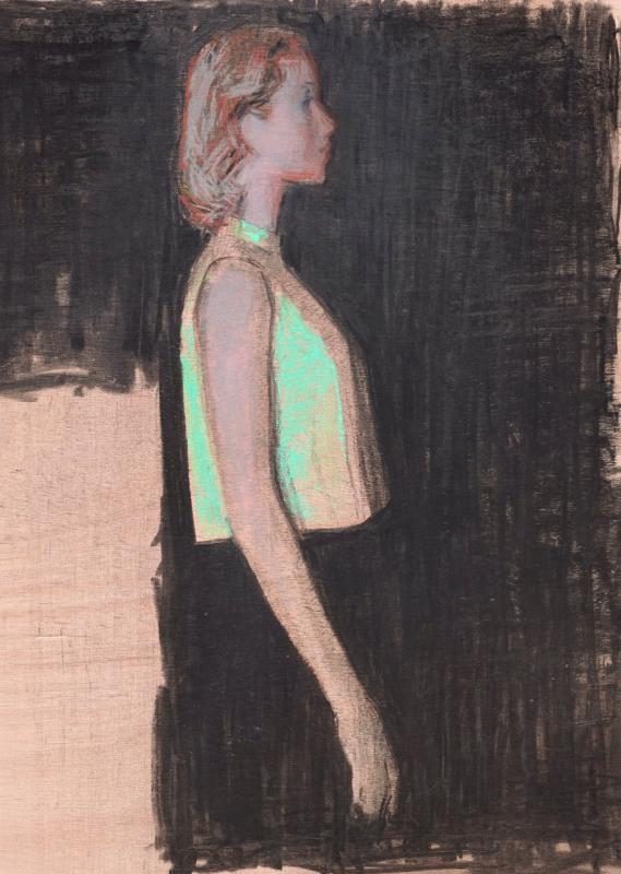 Fernando X. González, Profil droit, 2025, Kohle und Pastell auf Holz, 57,5 x 46 cm, Detail