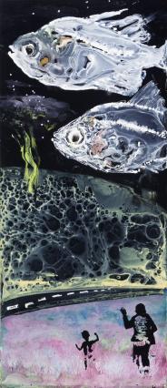 Wolf Hamm, Wir brauchen einen Punkt und zählen doch nur Striche, 2009, Acryl hinter Acrylglas, 50 x 22 cm