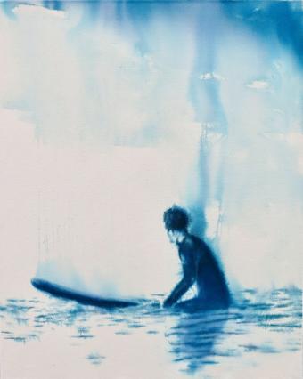 Dieter Mammel, Waiting for the wave, 2022, Tusche auf Leinwand, 100 x 80 cm