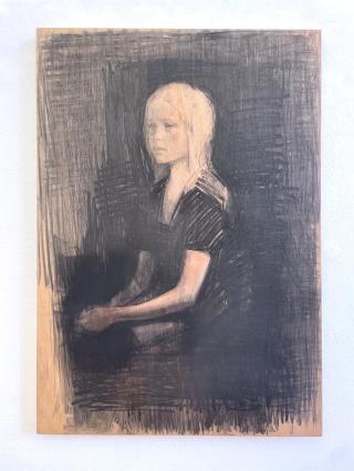 Fernando X. González, Jeune fille assise, 2024, Kohle auf Holz, 100 x 70 cm