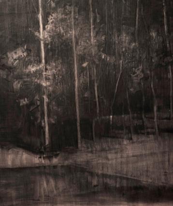 Fernando X. Gonzalez, Paysage Nuit, 2022, Kohle auf Holz, 65 x 70,5 cm
