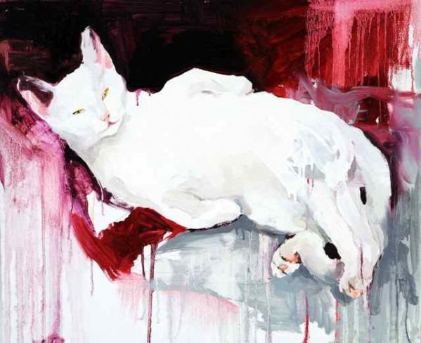 Anna Orbaczewska, Paraliz, Serie Podejrzane (Pets), Installation, Öl auf Leinwand, Detail Katze