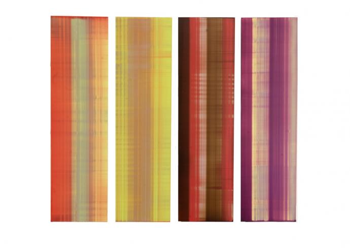 Eric Butcher, PR 710, 2015, Öl und Harze auf Aluminium, 4teilig, 54 x 15 cm